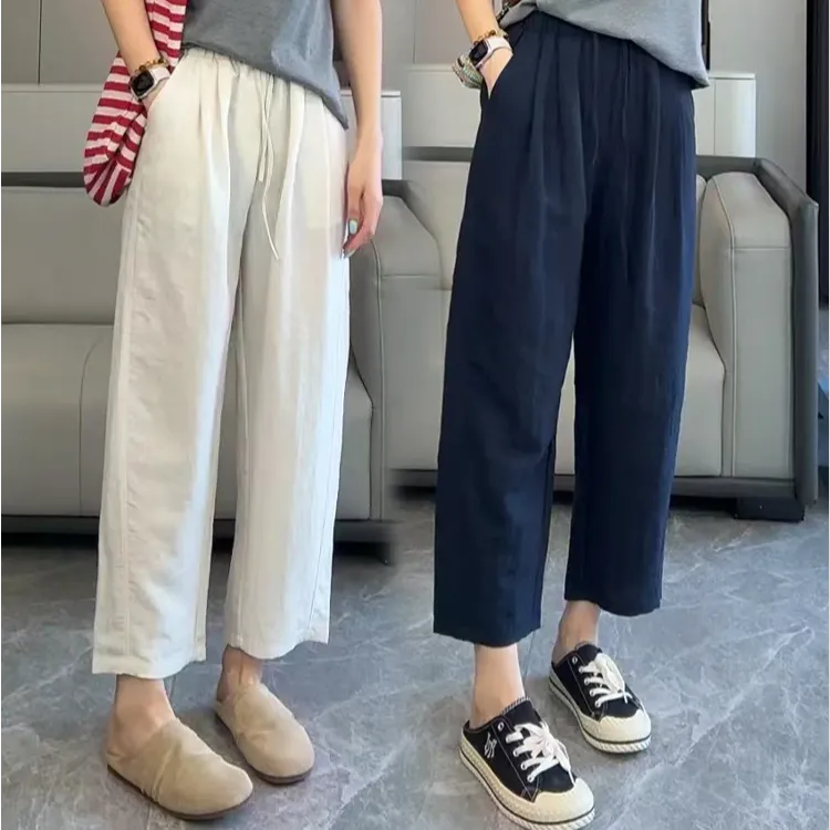  冰感莱赛尔亚麻阔腿裤女夏季新款宽松小个子八分/九分直筒休闲裤