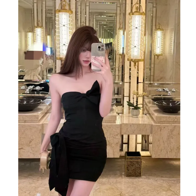 2025春季新款小众蝴蝶结抹胸连衣裙女高级感宴会礼服包臀裙短裙