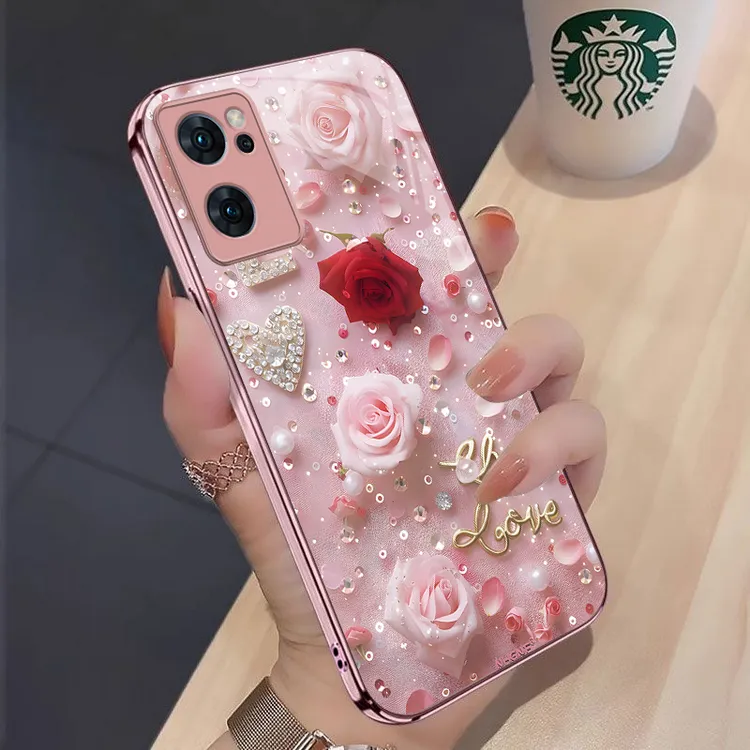 星钻玫瑰OPPOReno7手机壳PFJM10新款散热金属漆耐脏玻璃壳轻奢