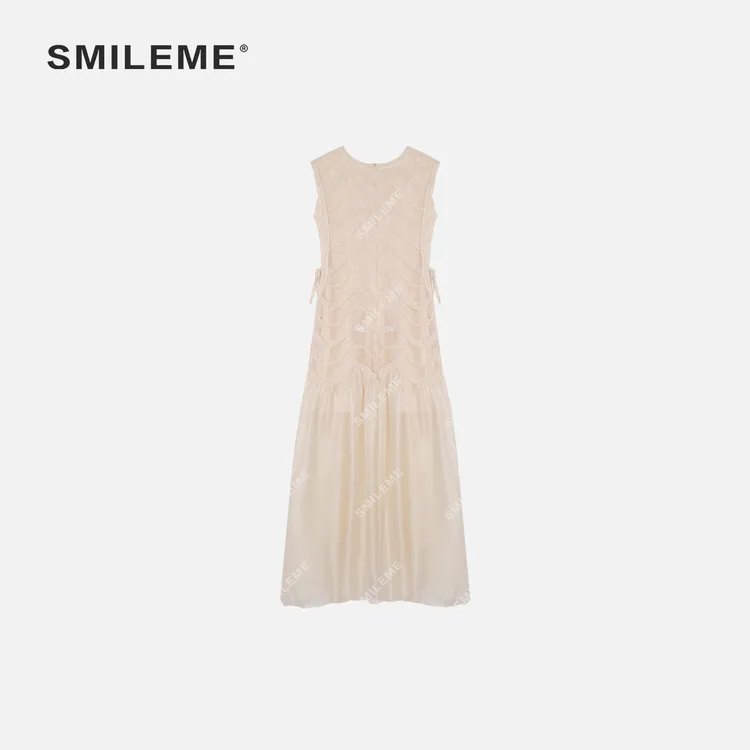 6-SMILEME【云裳羽衣】夏季法式重工蕾丝网纱无袖拼接度假风连衣裙