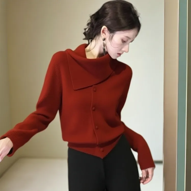 红色针织上衣女秋冬季内搭独特别致巨好看气质高端设计感翻领毛衣