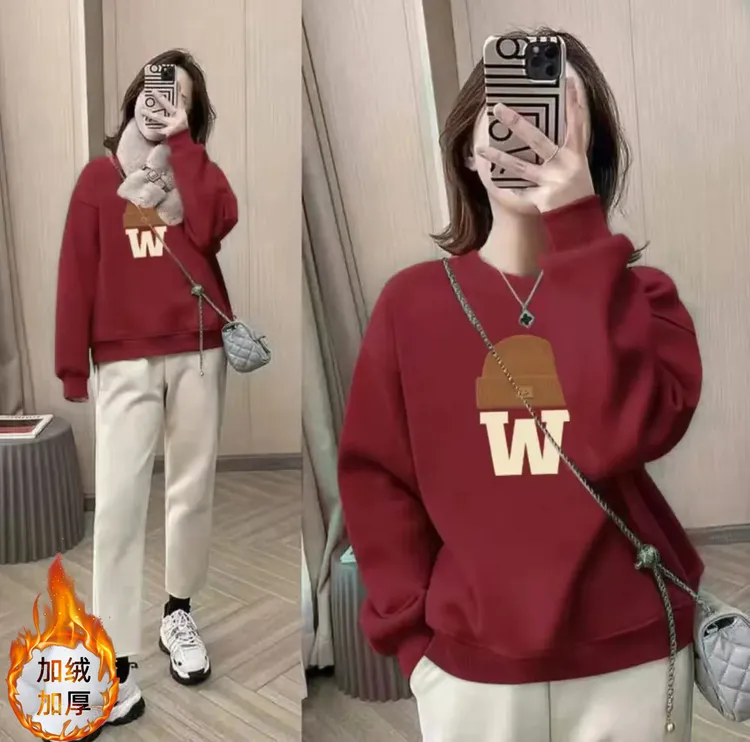 加绒加厚男女情侣款青春设计感情侣INS圆领卫衣-W帽子