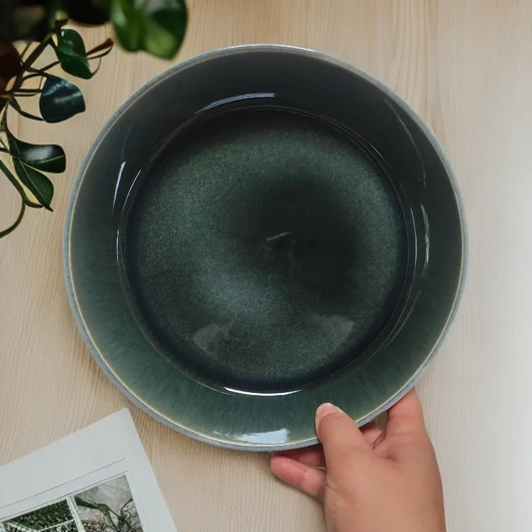 翡翠绿深盘大盘面碗菜碗釉下彩家用陶瓷创意复古餐具窑变釉好清洗