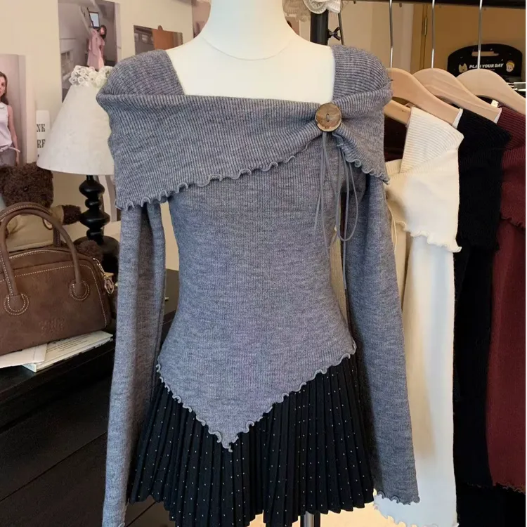 甜美风木耳花边不规则设计显瘦长袖内搭打底T恤