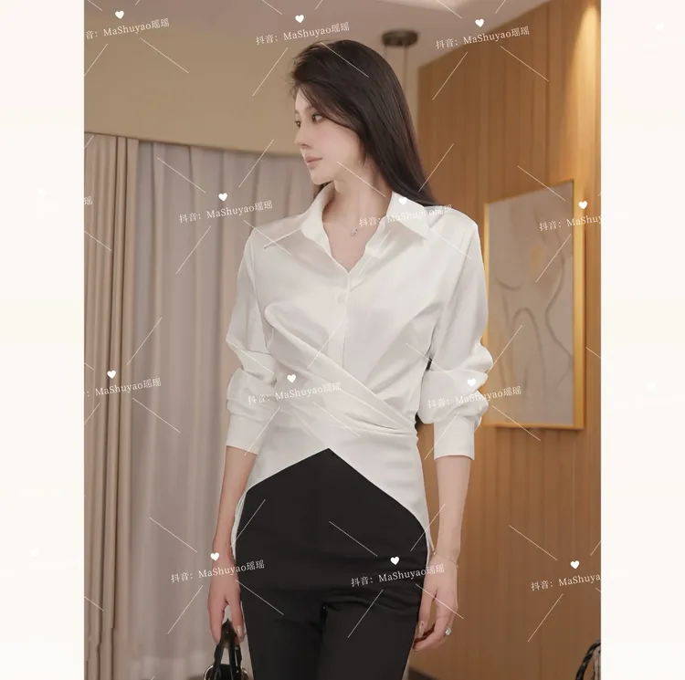 春季新款显瘦衬衣打底设计感时尚气质收腰长袖衬衫57005