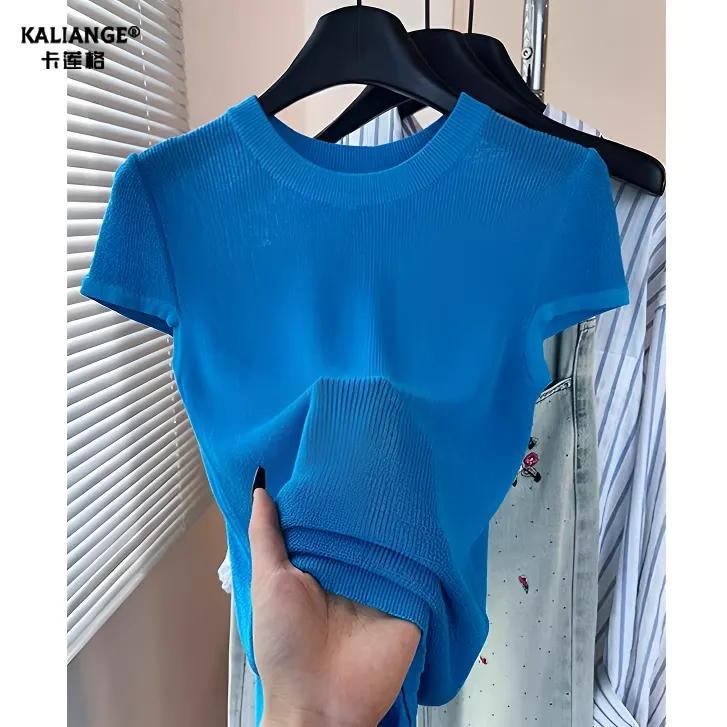卡莲格/克莱因蓝冰丝小飞袖针织衫短袖t恤女夏季新款修身短款上衣