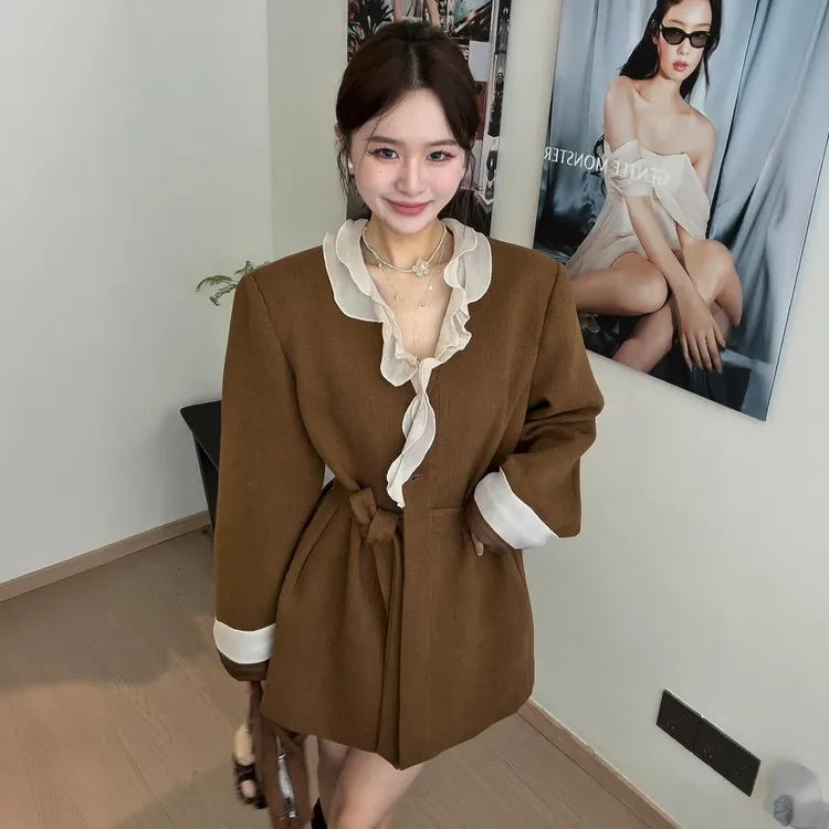 休闲高级感设计感木耳边拼接西装外套女2025秋冬新款宽松系带外套