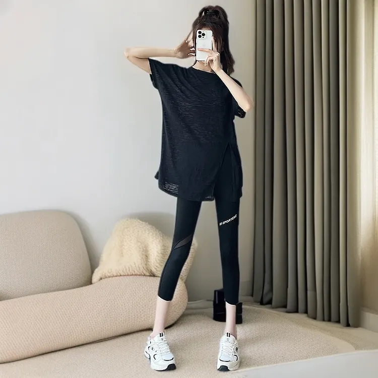 女速干夏季裤运动套装薄款鲨鱼宽松健身衣晨跑步t恤小个子五分裤