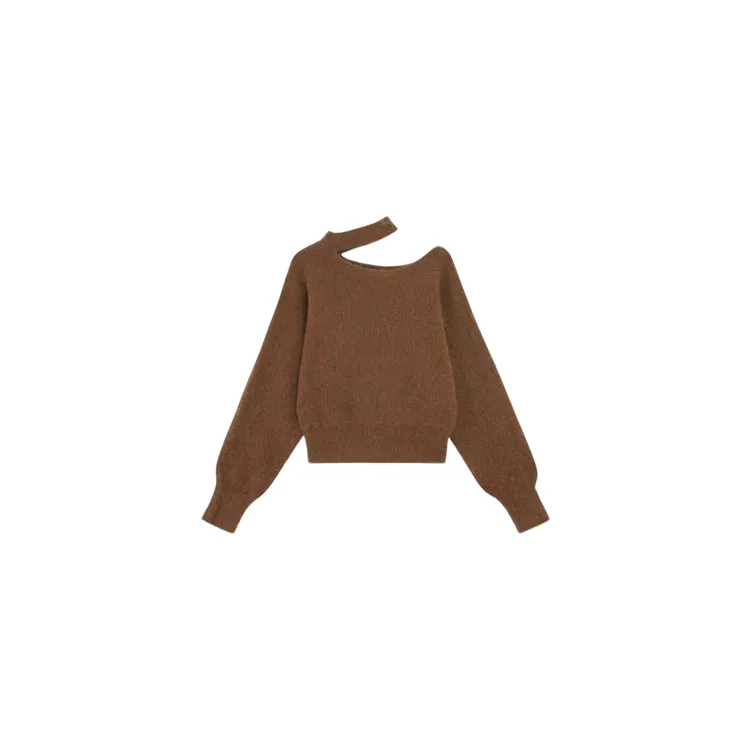 韩系复古慵懒挂脖斜领露肩软糯时尚厚款纯色气质毛衣W2-54