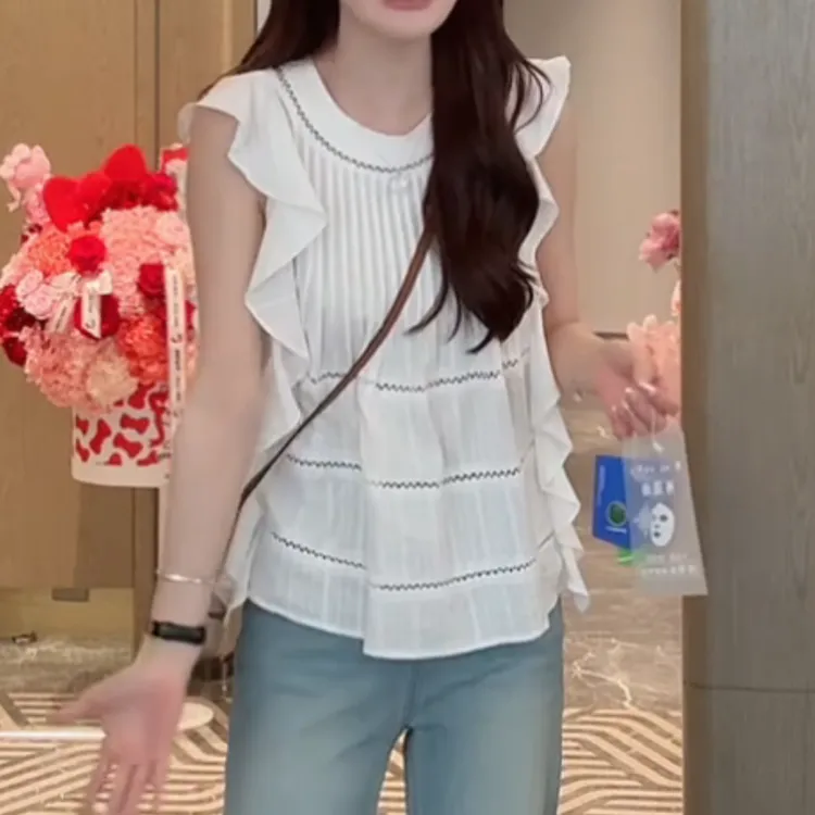 2025新款时尚百搭夏季甜美优雅气质减龄重工荷叶边小衫LK2503815