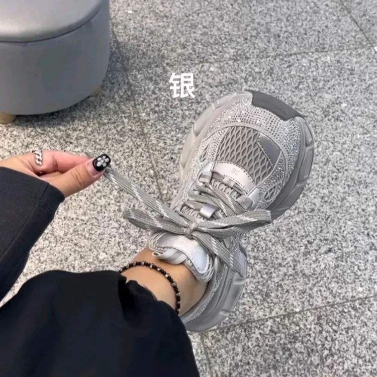 欧洲站轻奢水钻复古时尚增高老爹鞋女2025夏季新款休闲网面运动鞋