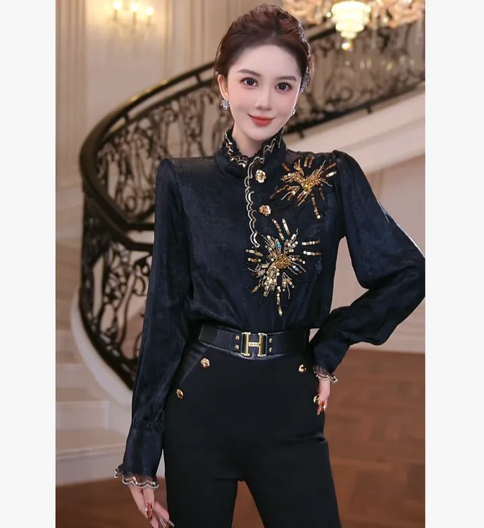 【芙娜妮】加绒领衬衫不规则时尚百搭通勤2025女重工上衣F2530919A