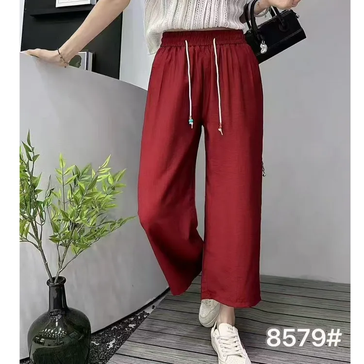 小鑫肝@棉麻薄料松紧裤头抽绳时尚百搭九分阔腿裤 8579