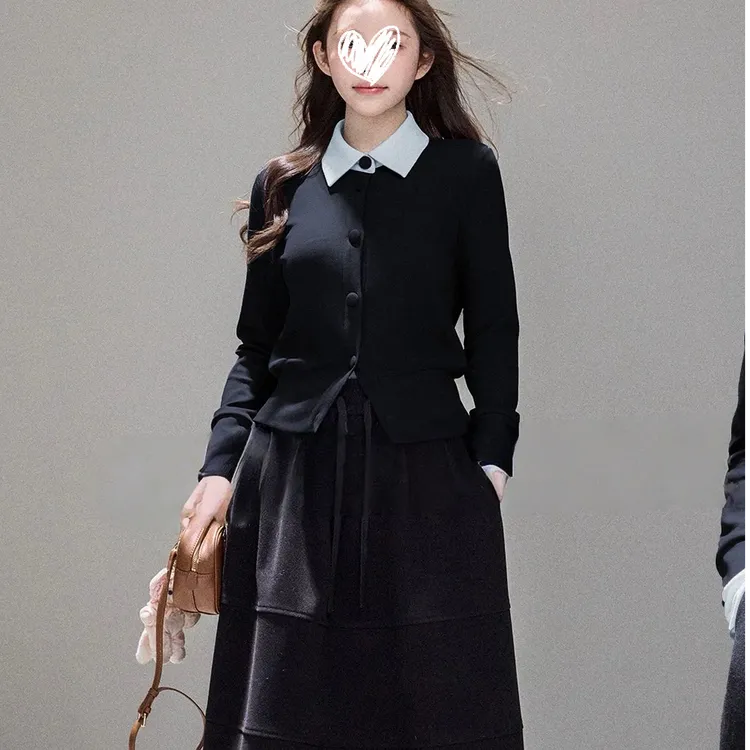  青藤学院 秋冬撞色翻领拼接假两件学院风长袖针织上衣半裙套装