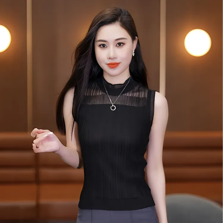 2025秋季新款纯色高端针织吊带背心女半高领蕾丝木耳边无袖打底衫