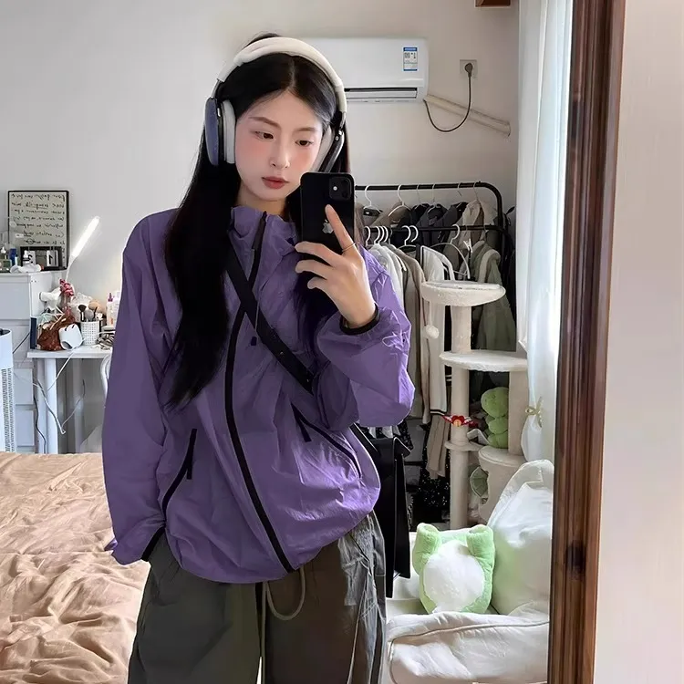 2025新款紫色连帽防晒衣冲锋衣夏季登山服运动套装薄款高级感外套
