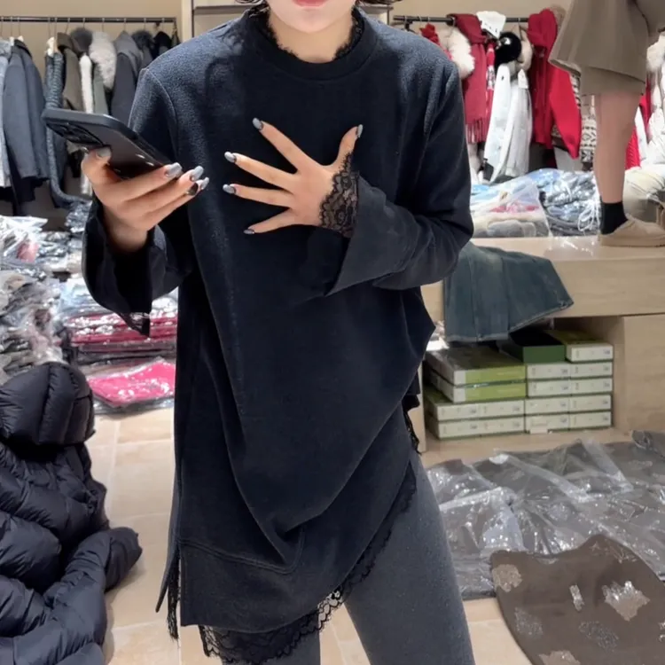 冬季新款磨毛宽松长版拼接显瘦百搭时尚打底衫T恤上衣LK2509132