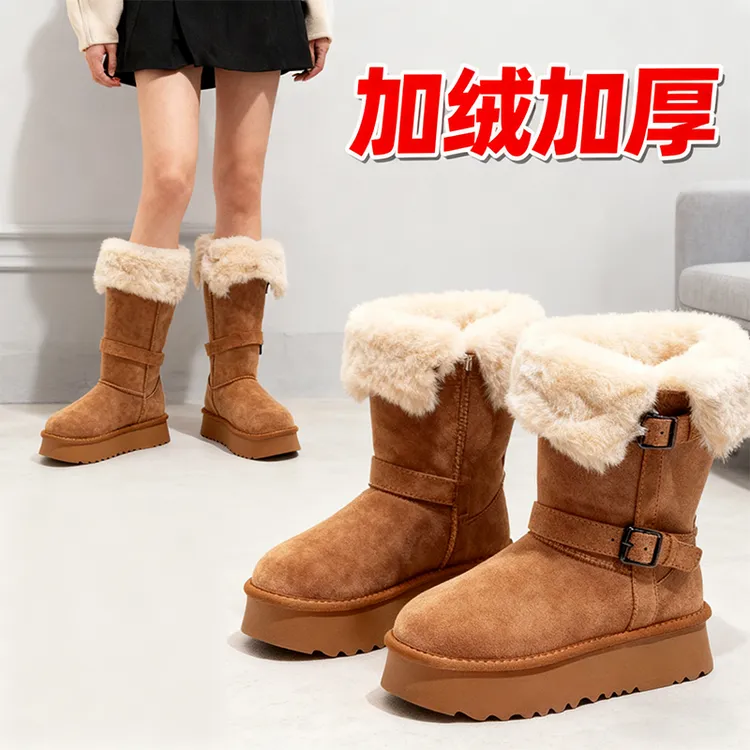 冬季厚底加绒保暖雪地靴女款爆款2025新款网红款平底增高毛毛鞋子