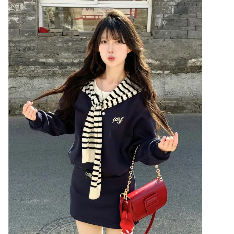 春季韩版学院风百搭长袖卫衣连衣裙假两件收腰连衣裙+披肩 带腰带