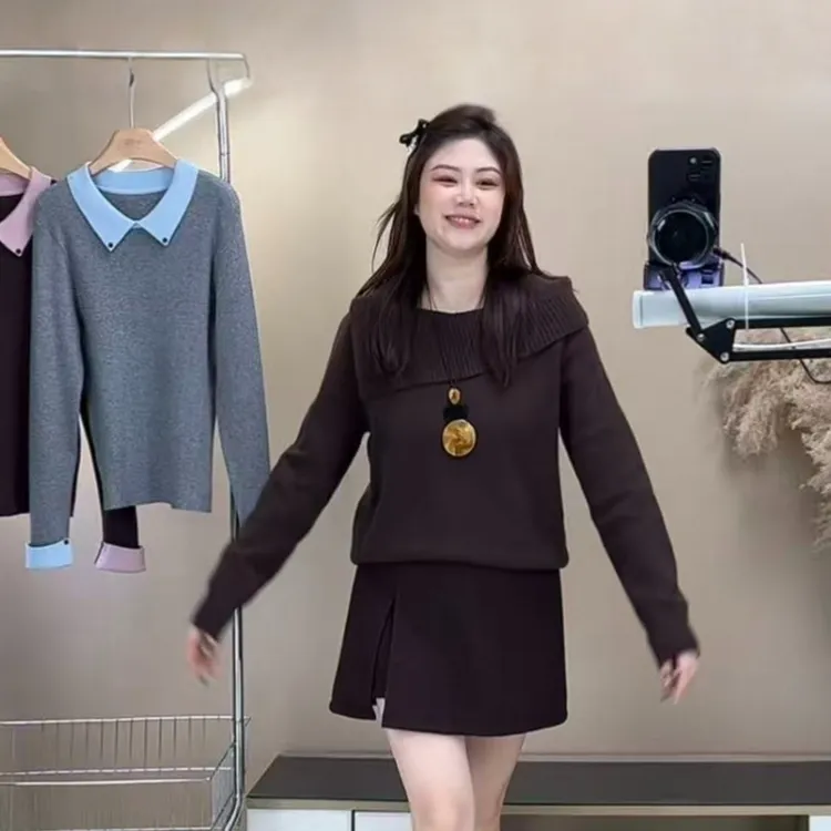 韩版一字领长袖针织衫宽松慵懒软糯毛衣时尚2025秋冬新款胖mm大码