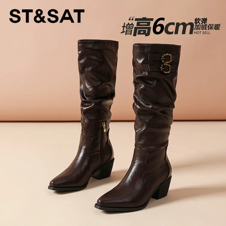 星期六真皮尖头高跟长靴女2025新款冬季加绒复古堆堆不过膝骑士靴