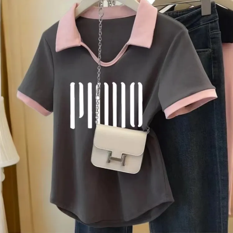 正肩t恤大码女装夏季短袖法式胖妹妹遮肚显瘦POLO领V胖妹妹短袖
