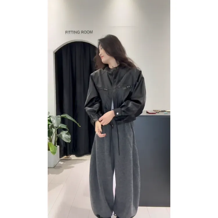 2025秋季新款韩系穿搭百搭宽松长袖皮衣外套气质高腰显瘦阔腿长裤