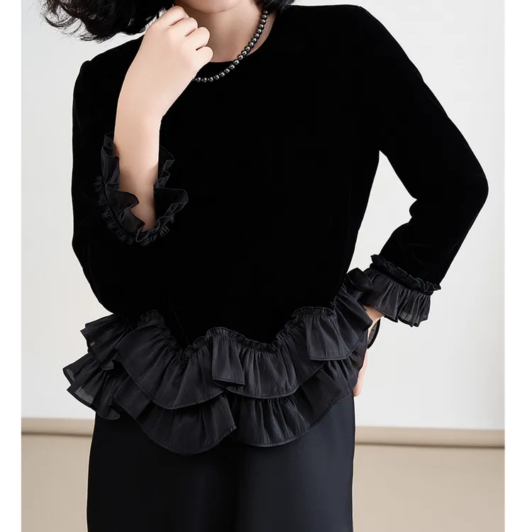 长袖真丝丝绒上衣女黑色显瘦宫廷风气质甜美漂亮别致桑蚕丝衬衫秋