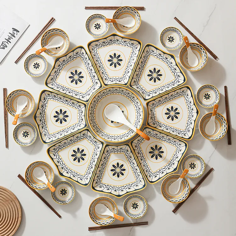 网红北欧轻奢风釉下彩家用陶瓷拼盘餐具组合圆桌团圆聚餐碗盘碟勺