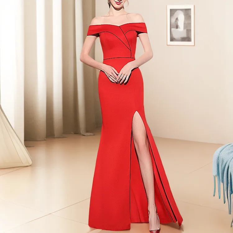 晚礼服女新娘敬酒服一字肩修身显瘦气质名媛宴会晚宴长款鱼尾裙子