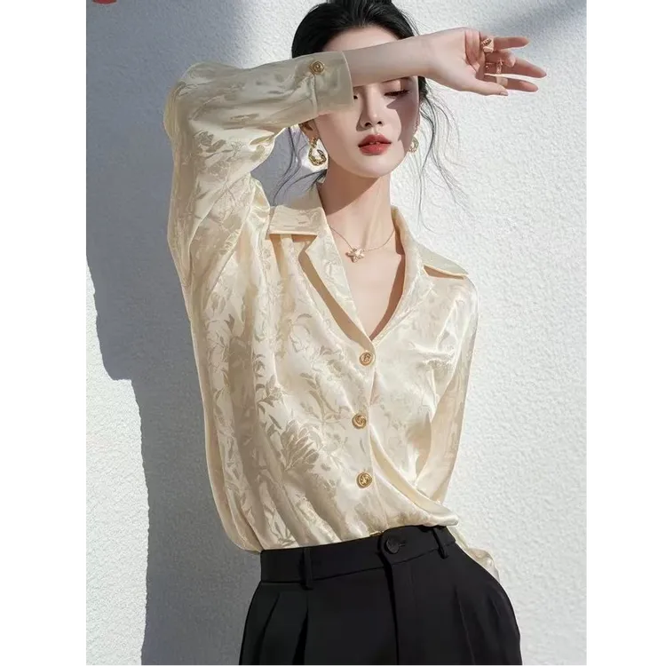提花时尚衬衫2025夏季长袖流行简约小衫国风气质上衣高级感新款女