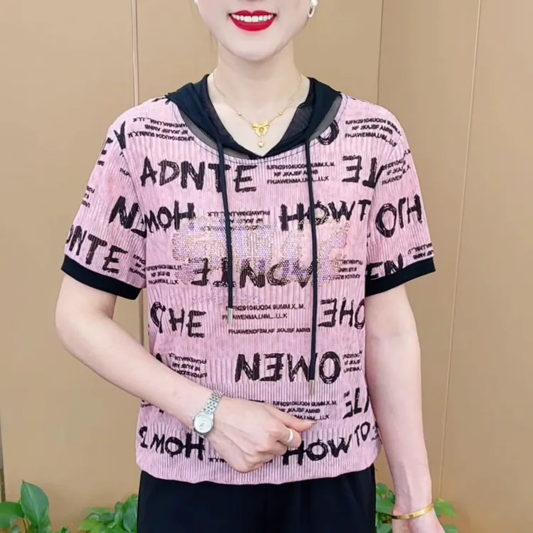 夏季新款时尚连帽字母印花烫钻休闲百搭宽松显瘦短袖上衣M2805