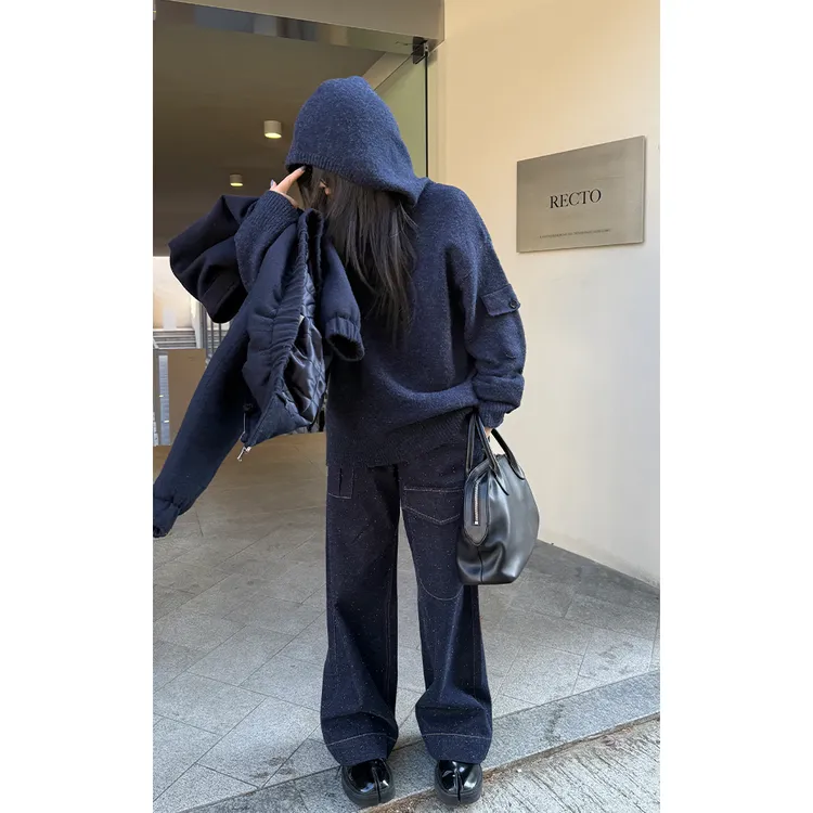 LA CALLA老钱复古羊驼毛侧袖口袋毛织连帽毛衣BL-WX7645