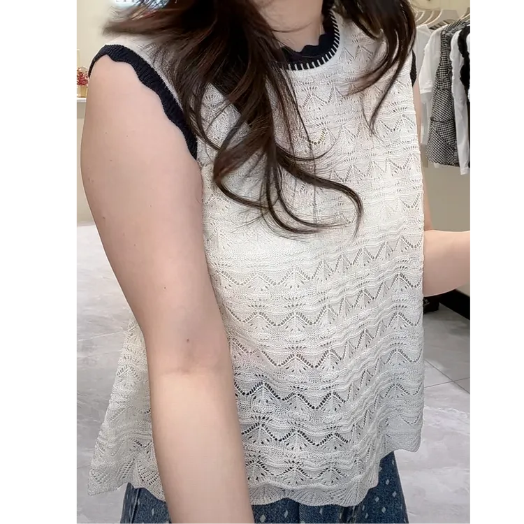 无袖拼色圆领小香风气质针织背心2025年夏季新款通勤显瘦无袖上衣