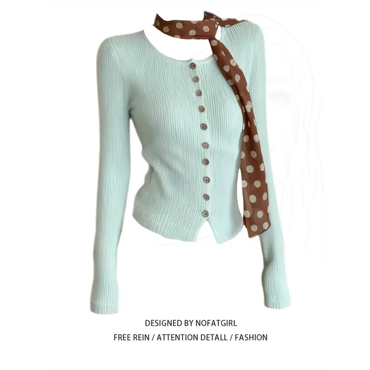 大码胖妹妹韩系复古绿色短款长袖针织开衫女秋季修身显瘦毛衣上衣