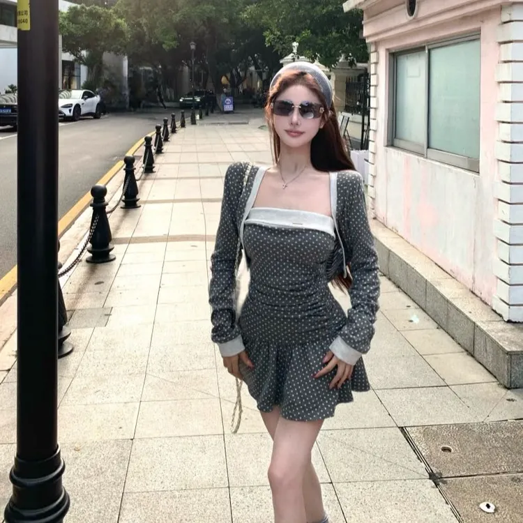 气质一整套ootd穿搭纯欲性感辣妹波点拼接抹胸连衣裙开衫外套套装