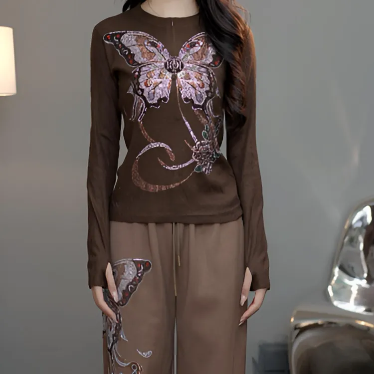 TCH私服冬款慵懒风烫钻时尚淑女咖色针织衫T75D09E1106轻奢tch
