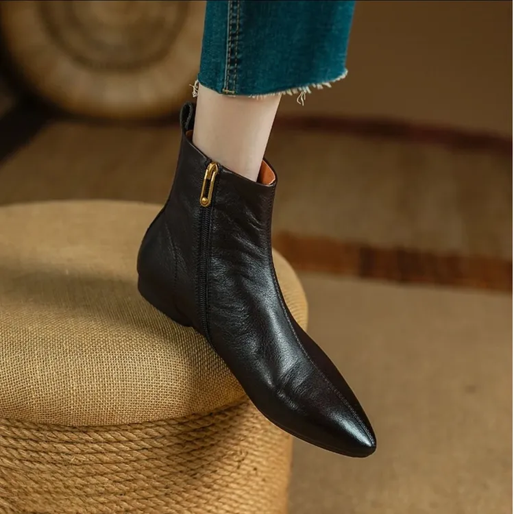 软羊皮断码清仓短靴平底软底裸靴秋冬尖头百搭真皮女士靴复古短筒