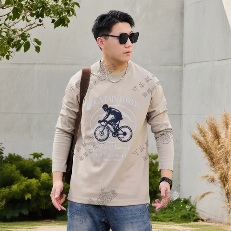 机车文图美式休闲风长袖胖子圆领T恤潮流上衣时尚男士男款