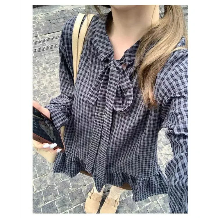 韩系设计感荷叶边格子衬衫女早秋新款宽松显瘦减龄甜美百搭小衫