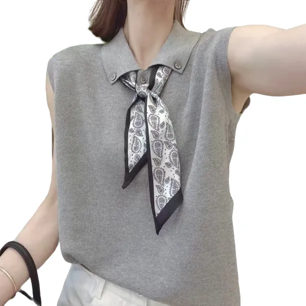 2025夏季新款丝巾针织无袖设计感韩版百搭修身显瘦女时尚翻领上衣