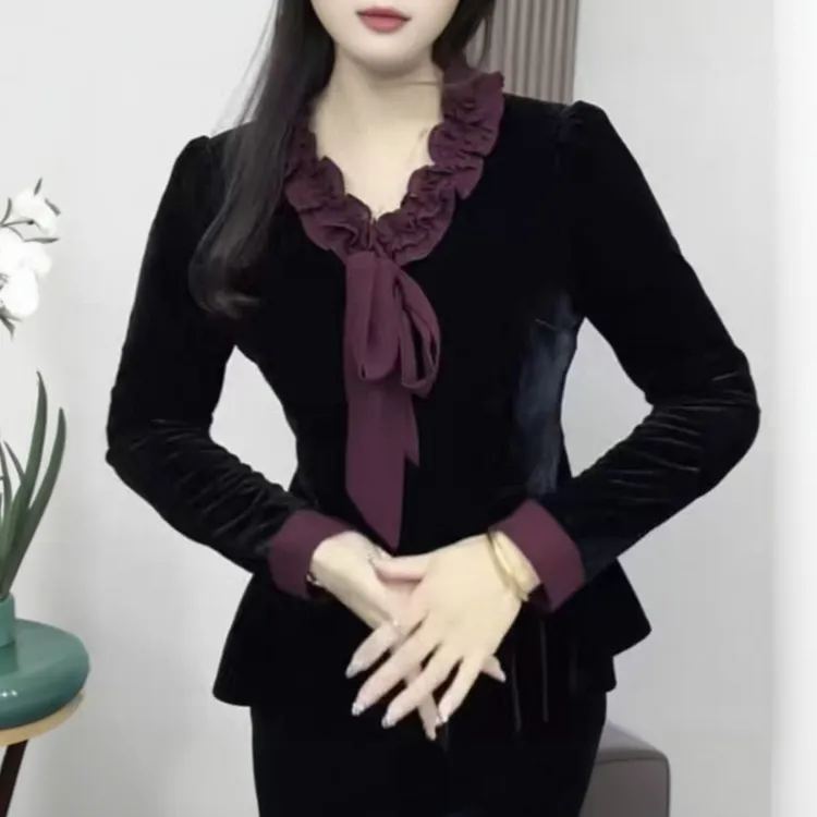 新款时尚花边领上衣显瘦长袖春秋百搭打底衫显瘦飘带黑色女士小衫