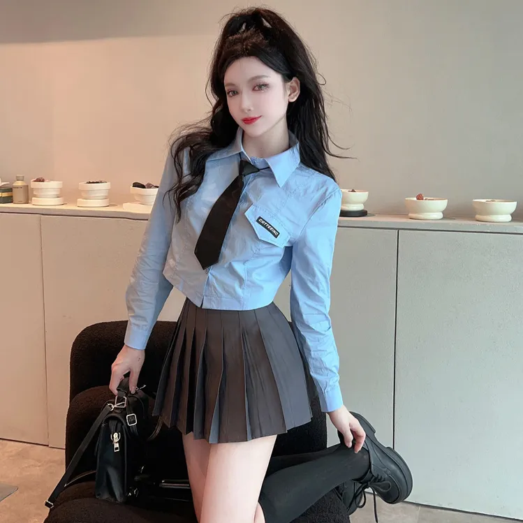 小个子jk制服套装女秋学院风短款上衣长袖蓝衬衫百褶裙两件套学生