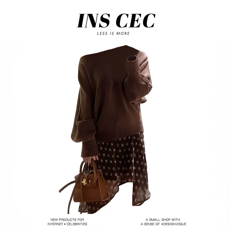 MARIE.COCO美式复古美拉德风露肩卫衣秋冬时尚套装设计波点半身裙