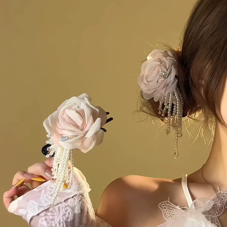 梦幻花朵抓夹女精致串珠流苏小号鲨鱼夹半扎发夹子高级感发饰