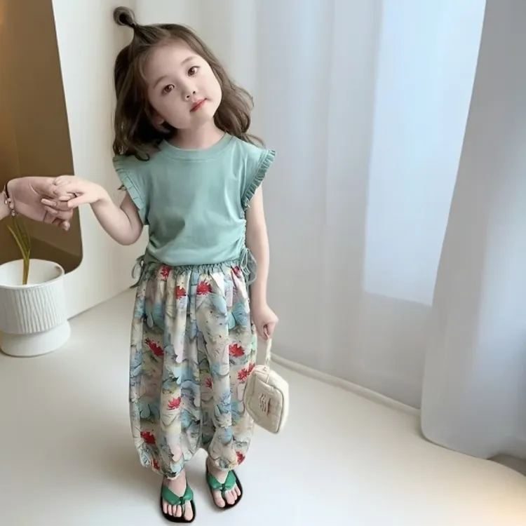 女童套装夏季新款韩版洋气夏装背心休闲女孩短袖防蚊裤两件套