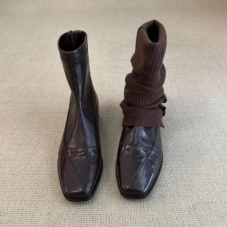 羊皮版~复古弹力瘦瘦靴女方头后拉链显瘦气质通勤短靴粗跟小裸靴