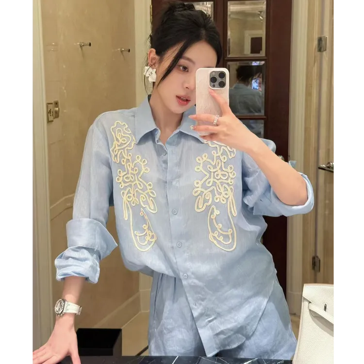 法式小资刺绣蓝色衬衫女夏季薄款长袖防晒轻奢高级感女士气质上衣