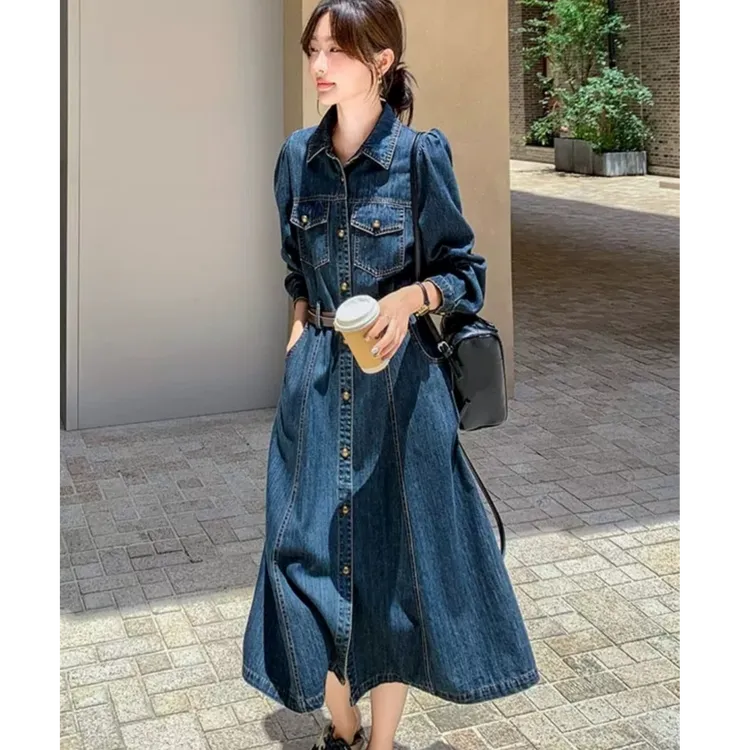 长袖牛仔连衣裙女早秋2025新款收腰显瘦气质减龄衬衫裙