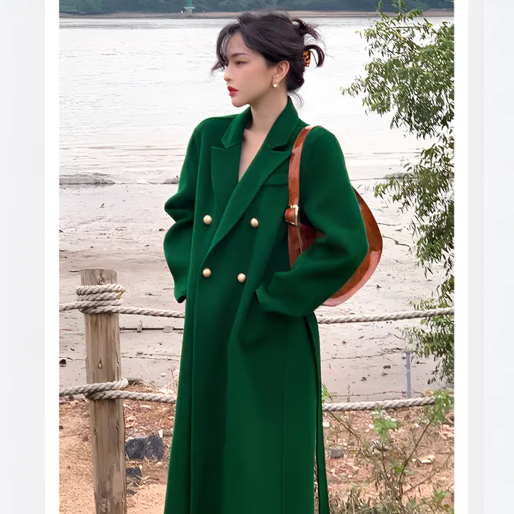 中长款毛呢大衣女秋冬季港风复古双面呢子双排扣宽松外套WT337
